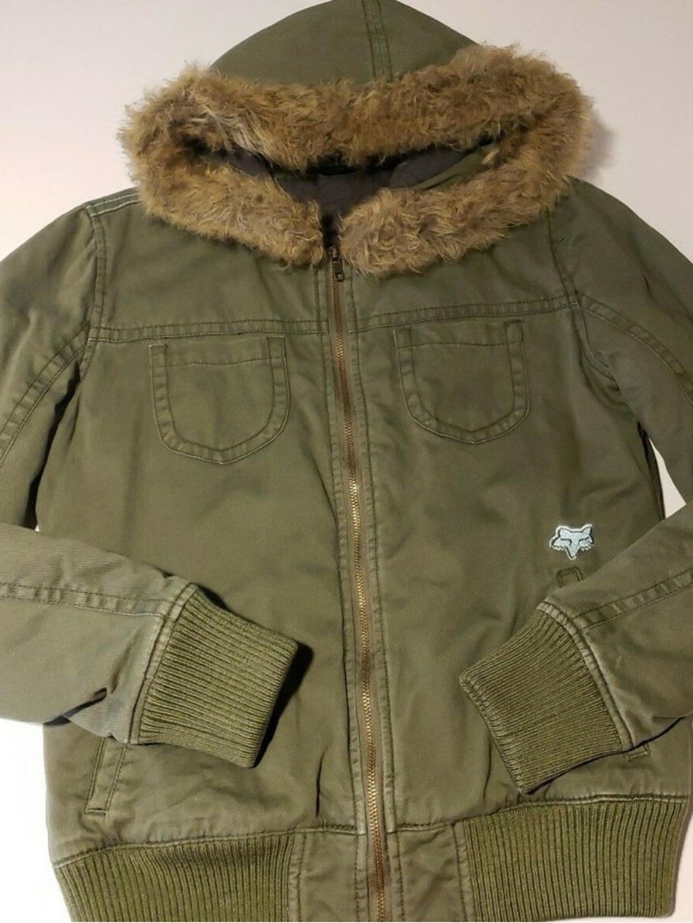 Fox Olive Green Hooded Puffer Jacket with Faux Fur Trim